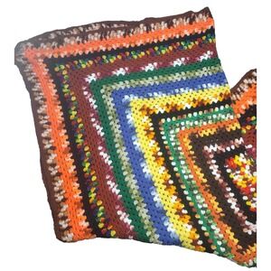 Vintage Hand Crocheted Granny Square Multi 70's Colors Twin 68x80 Afghan Blanket